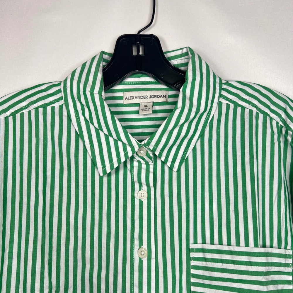 Alexander Jordan Green Striped Button Down Men XL Rayon Long Sleeve Casual Shirt